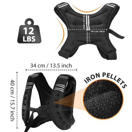 12lb Weight Vest with Reflective Stripe for Workout, Strength Training, Running, Fitness, Muscle Building, Weightlifting